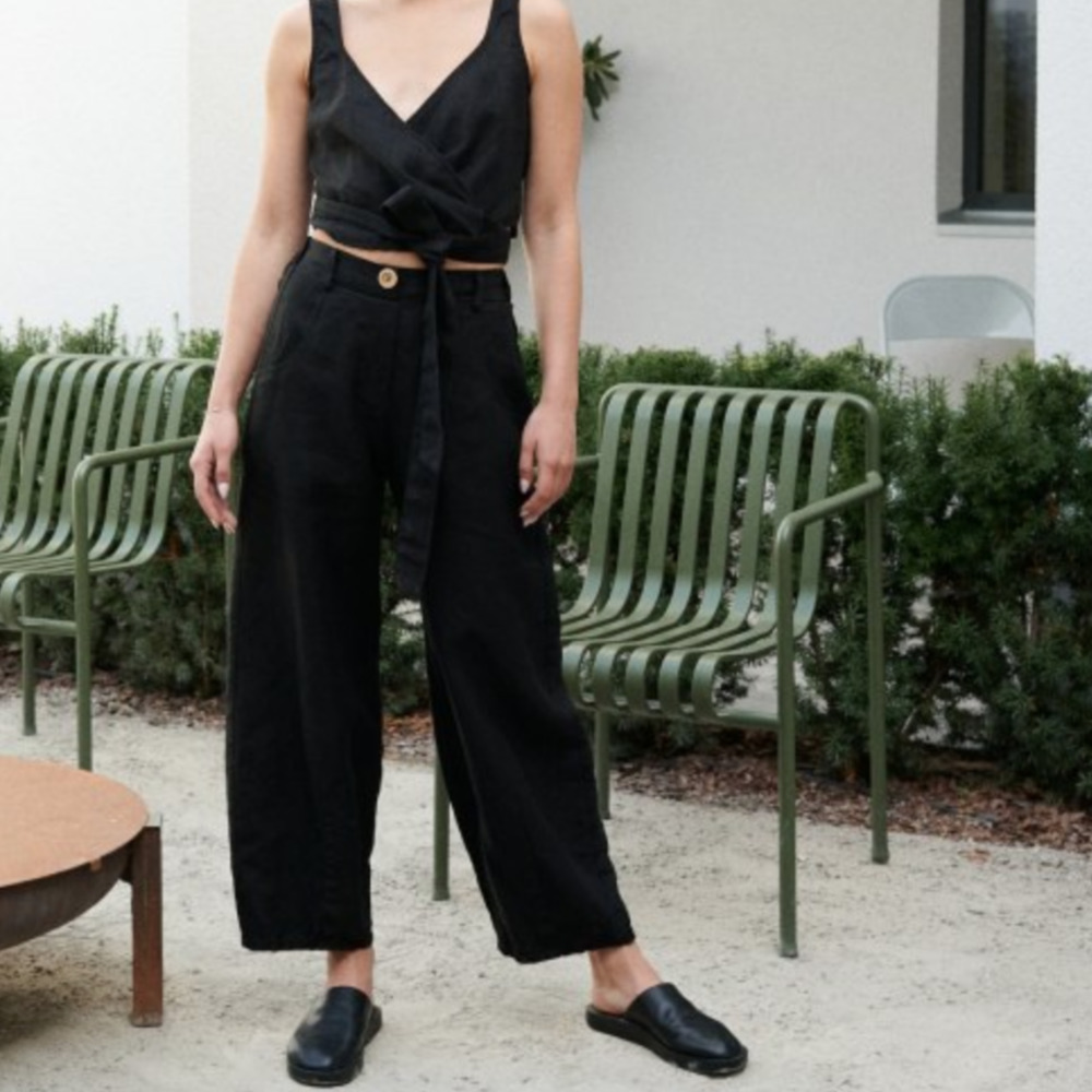 LinenFox Frankie Heavyweight Black High Waist Wide Leg Linen Pants Women…